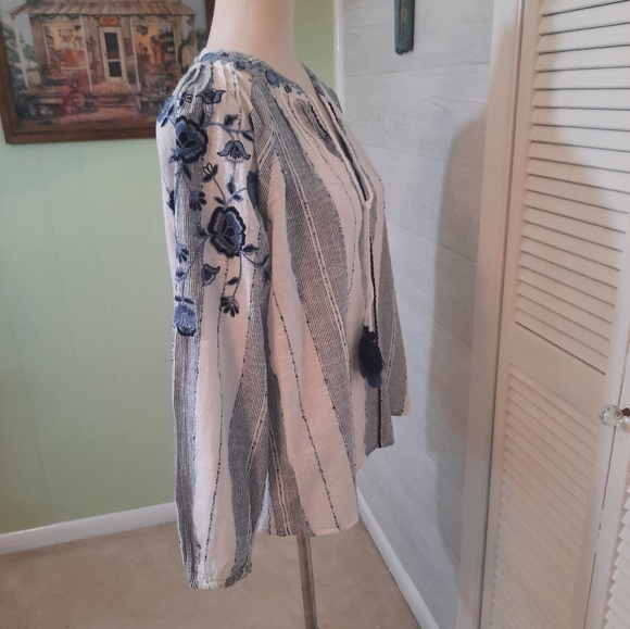 New directions embroidery floral striped boho cotton blend top blouse PL - Picture 2 of 8